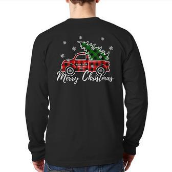 Vintage Red Plaid Truck Merry Christmas Snow Farm Fresh Tree Back Print Long Sleeve T-shirt | Mazezy