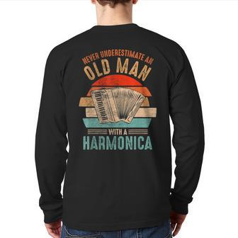 Vintage Never Underestimate An Old Man With A Harmonica Back Print Long Sleeve T-shirt - Seseable