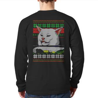 Woman Yelling At A Cat Ugly Christmas Sweater Meme Back Print Long Sleeve T-shirt | Mazezy
