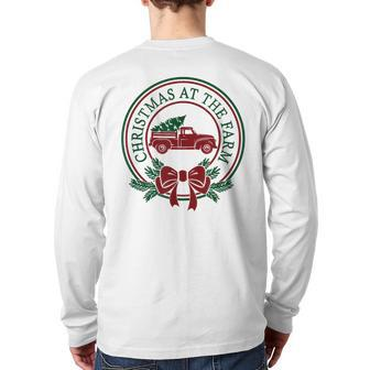 Christmas At The Farm Red Truck Xmas Tree Country Farmhouse Back Print Long Sleeve T-shirt | Mazezy