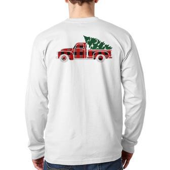 Christmas Vintage Truck Tree Buffalo Checkered Plaid T Back Print Long Sleeve T-shirt | Mazezy