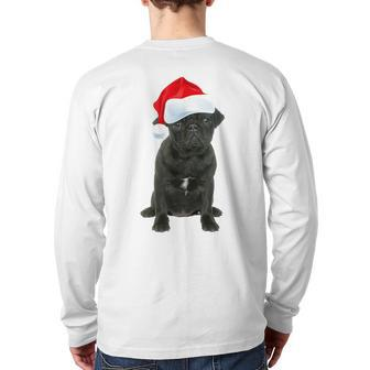 Cute Black Pug Santa Hat Matching Christmas Fun Back Print Long Sleeve T-shirt - Seseable