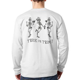 Dancing Skeleton Trick Or Trim Hairstylist Halloween Back Print Long Sleeve T-shirt - Monsterry DE