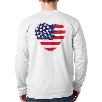 Heart Us Flag 4Th Of July Patriotic American Stars Stripes Back Print Long Sleeve T-shirt - Seseable