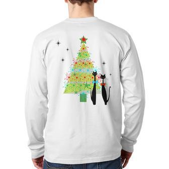 Retro Mid Century Modern Cool Cat Christmas Tree Back Print Long Sleeve T-shirt - Seseable