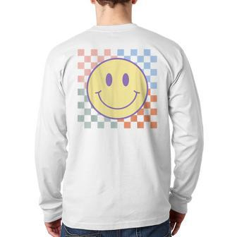 Retro Happy Face Checkered Pattern Smile Face Trendy Back Print Long Sleeve T-shirt - Monsterry