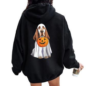 Basset Hound Ghost Pumpkin Halloween Costume Fall Women Oversized Hoodie Back Print - Monsterry