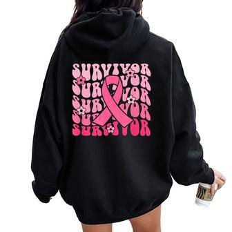Breast Cancer Awareness Boho Groovy Pink Ribbon Survivor Women Oversized Hoodie Back Print - Seseable