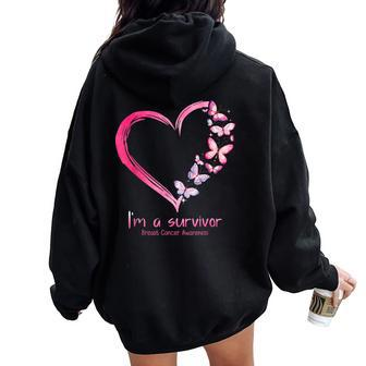Breast Cancer Awareness Pink Butterfly Heart I'm A Survivor Women Oversized Hoodie Back Print - Monsterry