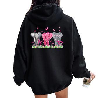 Breast Cancer Cute Elephant With Butterfly And Pink Ribbon Women Oversized Hoodie Back Print - Seseable