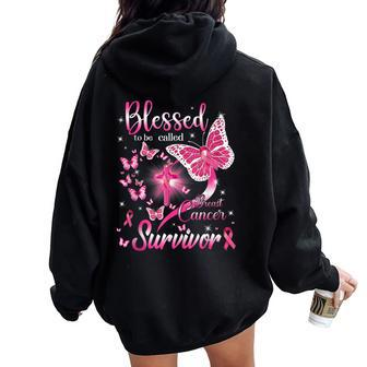Butterfly Pink Blessed To Be Called Breast Cancer Survivor Women Oversized Hoodie Back Print | Mazezy