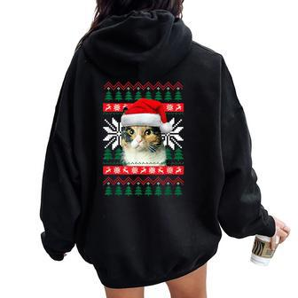 Calico Cat Ugly Christmas Sweater Style Santa Hat Kitty Mom Women Oversized Hoodie Back Print | Mazezy AU