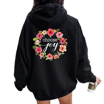 Choose Joy Inspirational Quote Boho Floral Wreath Women Oversized Hoodie Back Print | Mazezy