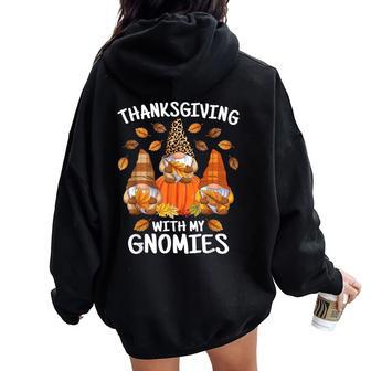 Cute Thanksgiving With My Gnomies Autumn Gnome Fall Leaves Women Oversized Hoodie Back Print - Seseable