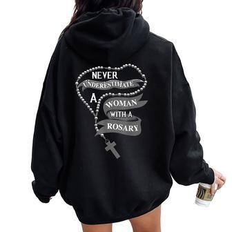Cute Never Underestimate A With A Rosary Women Oversized Hoodie Back Print - Seseable