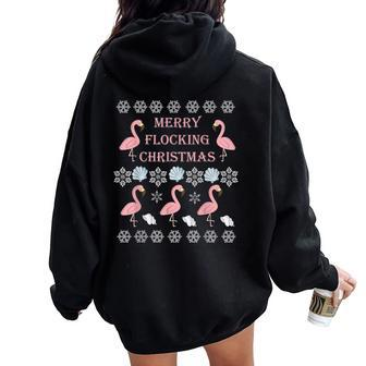 Flamingo Ugly Christmas Sweater Holiday Women Oversized Hoodie Back Print - Monsterry