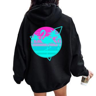 Flamingo In A Vintage 80S Beach With Palms Vaporwave Style Women Oversized Hoodie Back Print | Mazezy