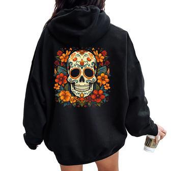 Floral Sugar Skull Day Of Dead Dia De Los Muertos Women Oversized Hoodie Back Print - Monsterry DE