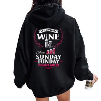Red White Wine Sunday Funday Lover Saying Women Oversized Hoodie Back Print - Seseable