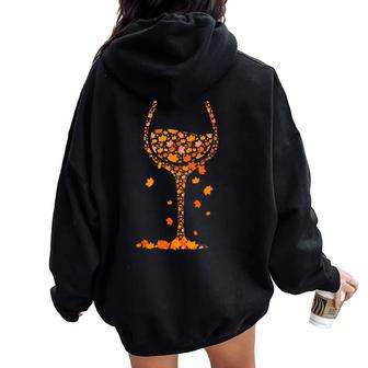 Glass Of Wine Maple Leaf Autumn Fall Drink Wine Lover Women Oversized Hoodie Back Print | Mazezy