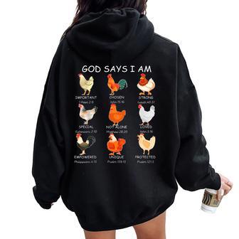 God Says I Am Bible Verse Christian Farm Chickens Religious Women Oversized Hoodie Back Print - Thegiftio UK