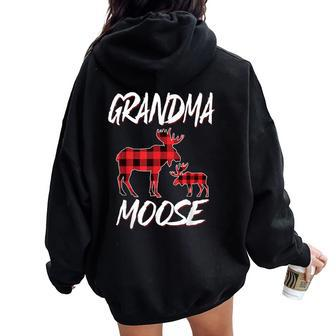 Grandma Moose Red Plaid Buffalo Matching Family Pajama Women Oversized Hoodie Back Print - Seseable