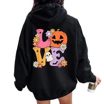 Groovy Love Halloween Floral Pumpkin Ghost Retro Women Oversized Hoodie Back Print - Thegiftio UK