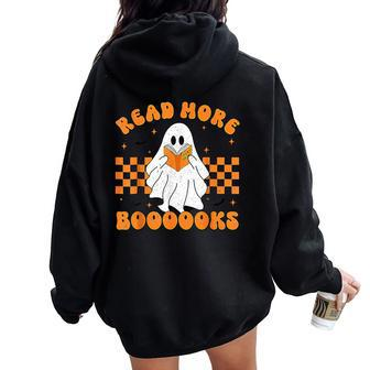 Groovy Read More Books Cute Ghost Retro Halloween Teacher Women Oversized Hoodie Back Print - Monsterry UK