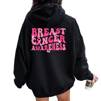 Groovy Retro Breast Cancer Awareness Butterfly Support Squad Women Oversized Hoodie Back Print - Thegiftio UK