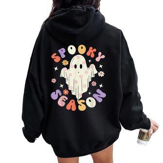 Groovy Spooky Season Ghost Flower Halloween Costume Girls Women Oversized Hoodie Back Print - Seseable