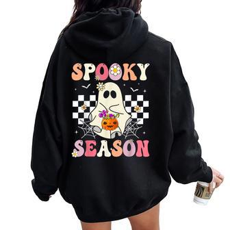 Groovy Spooky Season Retro Ghost Holding Pumpkin Halloween Women Oversized Hoodie Back Print - Monsterry DE