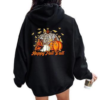 Happy Fall Y'all Pumpkin Butterfly Autumn Thanksgiving Retro Women Oversized Hoodie Back Print | Mazezy