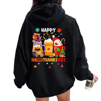 Happy Hallothanksmas Halloween Coffee Latte Thanksgiving Women Oversized Hoodie Back Print - Monsterry CA