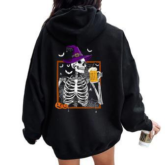 Happy Halloween Skeleton Skull Drinking Beer Women Oversized Hoodie Back Print | Mazezy