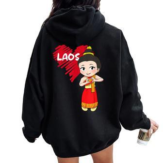 Laos Lao Laotian Proud Flag Traditional Dress Lao Sinh Girl Women Oversized Hoodie Back Print | Mazezy
