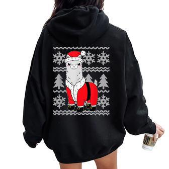 Llama Santa Hat Ugly Christmas Sweater Holiday Women Oversized Hoodie Back Print - Monsterry