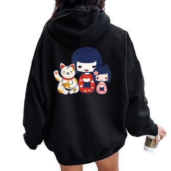 Maneki-Neko Lucky Waving Cat Kitty With Cute Girls Women Oversized Hoodie Back Print | Mazezy