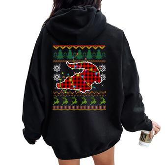 Red Plaid Alligator Santa Ugly Christmas Sweater Pajamas Women Oversized Hoodie Back Print | Mazezy