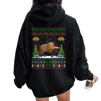 Santa Bison Animal Xmas Lighting Ugly Bison Christmas Women Oversized Hoodie Back Print | Mazezy