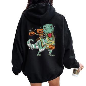 Skeleton Riding Mummy Dinosaur T Rex Halloween Pumpkin Women Oversized Hoodie Back Print | Mazezy