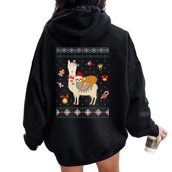 Sloth Riding Llama Christmas Scarf Santa Hat Ugly Sweater Women Oversized Hoodie Back Print | Mazezy