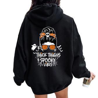 Thick Thighs And Spooky Vibes Messy Bun Girl Halloween Women Oversized Hoodie Back Print - Thegiftio UK