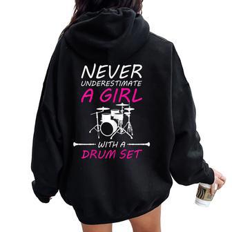 Never Underestimate A Girl With A Drum Set Drummer Slogan Women Oversized Hoodie Back Print - Thegiftio UK