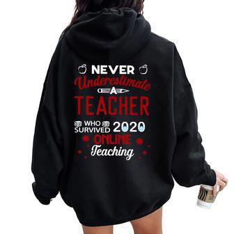 Never Underestimate A Teacher Who Survived Online Teaching Women Oversized Hoodie Back Print | Mazezy