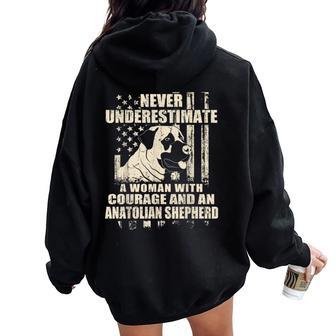 Never Underestimate Woman And An Anatolian Shepherd Usa Flag Women Oversized Hoodie Back Print - Thegiftio UK