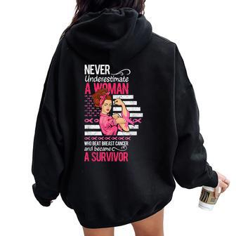 Never Underestimate A Woman Who Beat Breast Cancer Women Oversized Hoodie Back Print - Seseable