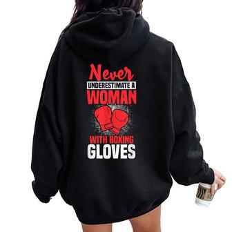 Never Underestimate A Woman With Boxing Gloves Gym Workout Women Oversized Hoodie Back Print - Thegiftio UK