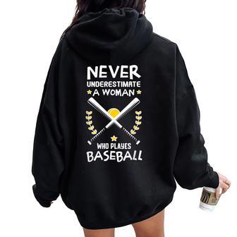 Never Underestimate A Woman Who Playes Baseball Player Women Oversized Hoodie Back Print - Thegiftio UK