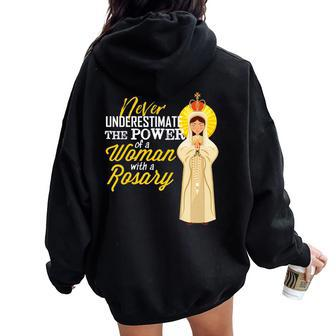 Never Underestimate A Woman With A Rosary Blessed Mary Women Oversized Hoodie Back Print - Thegiftio UK