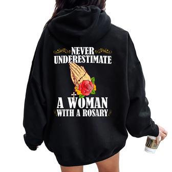 Never Underestimate A Woman With A Rosary Catholic Beads Women Oversized Hoodie Back Print - Monsterry AU